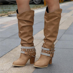 Slouch Knee High Boots | Studded Buckle Western Boots for Women – AVA