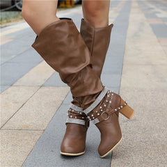 Slouch Knee High Boots | Studded Buckle Western Boots for Women – AVA