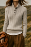 Women's Cable Knit Sweater with Button Stand Collar