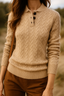 Women's Cable Knit Sweater with Button Stand Collar