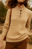 Women's Cable Knit Sweater with Button Stand Collar