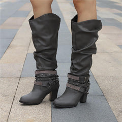 Slouch Knee High Boots | Studded Buckle Western Boots for Women – AVA