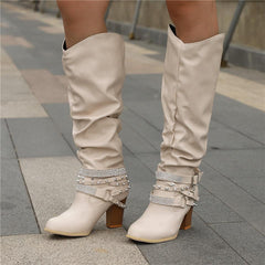 Slouch Knee High Boots | Studded Buckle Western Boots for Women – AVA