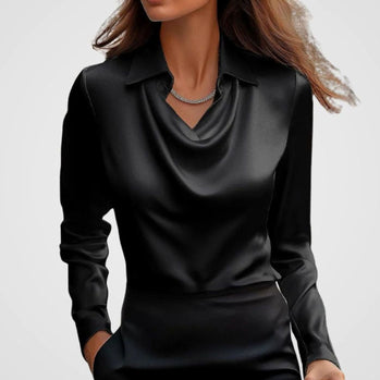 Blouse | Draped Cowl Neckline, Long Sleeve Satin 15