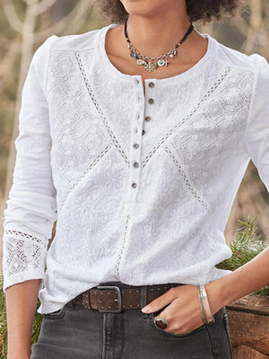 Blouse | Eyelet Design, Long Sleeve with Half Button Placket 0