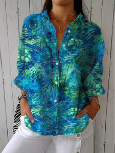 Blouse | Peacock Feather Motif, Button-Down Front 0