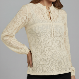 Blouse | Sheer Lace Overlay, Tie-Front Neckline 0