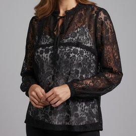 Blouse | Sheer Lace Overlay, Tie-Front Neckline 2