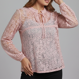 Blouse | Sheer Lace Overlay, Tie-Front Neckline 3