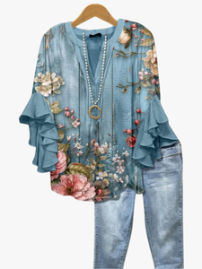 Blouse | V-Neckline, Layered Flounce Sleeves 1