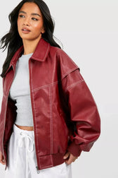 Brenda Women's Leather Bomber Jacket with Collared Neck and Ribbed Cuffs - Casual Autumn Style 0