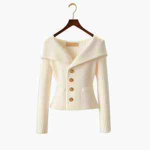 Cardigan | Ribbed Knit, Off-Shoulder Fold-Over Collar 0