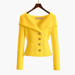 Cardigan | Ribbed Knit, Off-Shoulder Fold-Over Collar 1