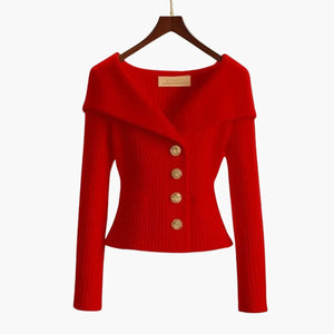 Cardigan | Ribbed Knit, Off-Shoulder Fold-Over Collar 2