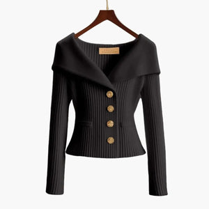 Cardigan | Ribbed Knit, Off-Shoulder Fold-Over Collar 3