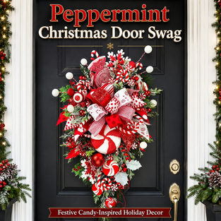 Peppermint Christmas Door Swag with Candy Cane Details