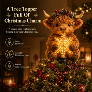Highland Cow Tree Topper with Glowing Star