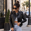 Women’s Black Leather Biker Jacket with Quilted Panels & Zipper Pockets