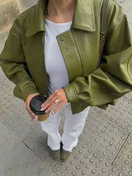Claire Leather Bomber Jacket for Women - Stylish Zipper Closure & Collared Neck - Casual Autumn/Winter Fashion 0