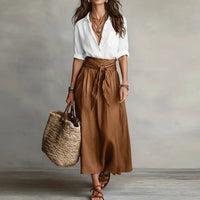 Co Ord Set | Button-Down Blouse, Tie-Waist Midi Skirt 1