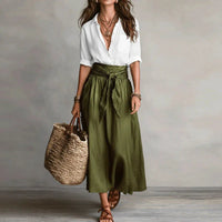 Co Ord Set | Button-Down Blouse, Tie-Waist Midi Skirt 2