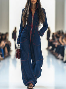 Denim Jumpsuit | Wide Leg Pants, Long Sleeve Front Zip 0