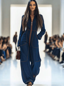 Denim Jumpsuit | Wide Leg Pants, Long Sleeve Front Zip 1