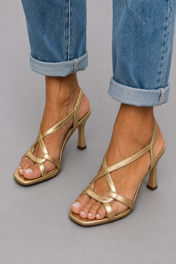 Heeled Sandals | Gold Finish, Crossed Straps 0