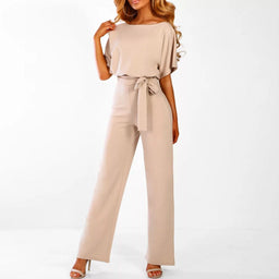 Jumpsuit | Boat Neck, Short Sleeves, Waist Belt 0