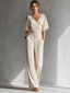 Jumpsuit | Wrap-Front, Off-Shoulder Sleeves, Wide-Leg Pants 0