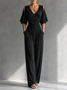 Jumpsuit | Wrap-Front, Off-Shoulder Sleeves, Wide-Leg Pants 7