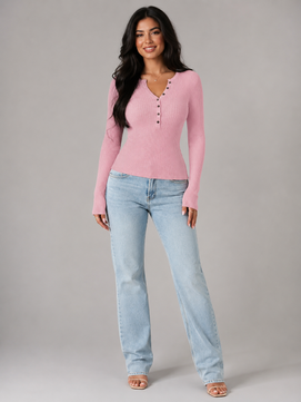 Knit Top | Buttoned Henley Neckline, Fitted Silhouette 0