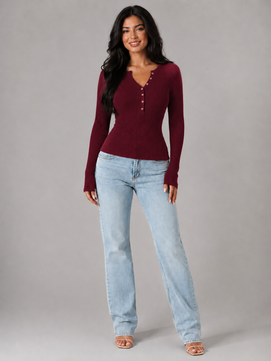Knit Top | Buttoned Henley Neckline, Fitted Silhouette 3