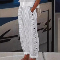 Linen Pants | Striped Pattern, Button Accent Detail 0