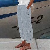 Linen Pants | Striped Pattern, Button Accent Detail 1