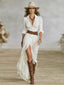 Long Dress | Belted Waist, Pleated Lapels 0