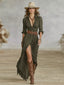 Long Dress | Belted Waist, Pleated Lapels 2