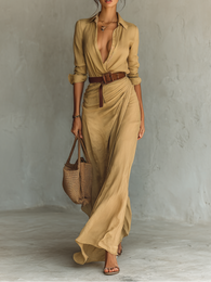 Long Dress | Lapel Collar, Long Sleeve, Flowing Silhouette 0