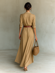 Long Dress | Lapel Collar, Long Sleeve, Flowing Silhouette 1