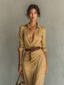 Long Dress | Lapel Collar, Long Sleeve, Flowing Silhouette 2