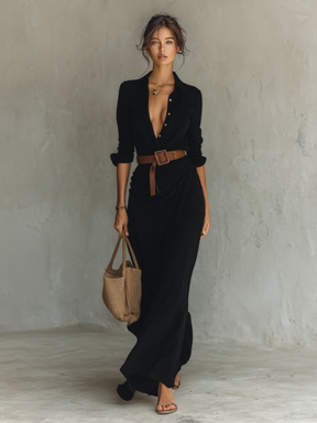 Long Dress | Lapel Collar, Long Sleeve, Flowing Silhouette 6