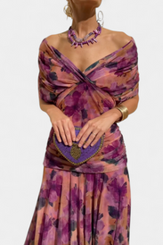 Long Dress | V-Neckline, Pleated Waist, Floral Pattern 2
