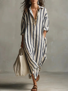 Long Shirt Dress | Striped Pattern, V-Neck Collar 0