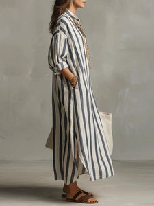 Long Shirt Dress | Striped Pattern, V-Neck Collar 1