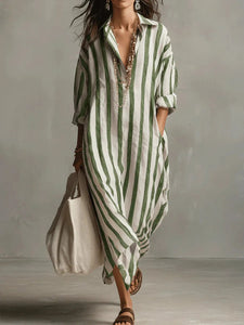 Long Shirt Dress | Striped Pattern, V-Neck Collar 4