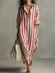 Long Shirt Dress | Striped Pattern, V-Neck Collar 5