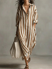 Long Shirt Dress | Striped Pattern, V-Neck Collar 6