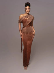 Maxi Dress | Asymmetrical One-Shoulder Design, Draped Detailing 0