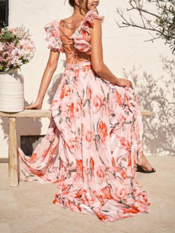 Maxi Dress | Backless Design, Floral Print 0