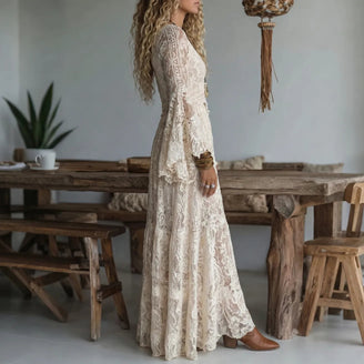 Maxi Dress | Deep V-Neckline, Flared Long Sleeves 1